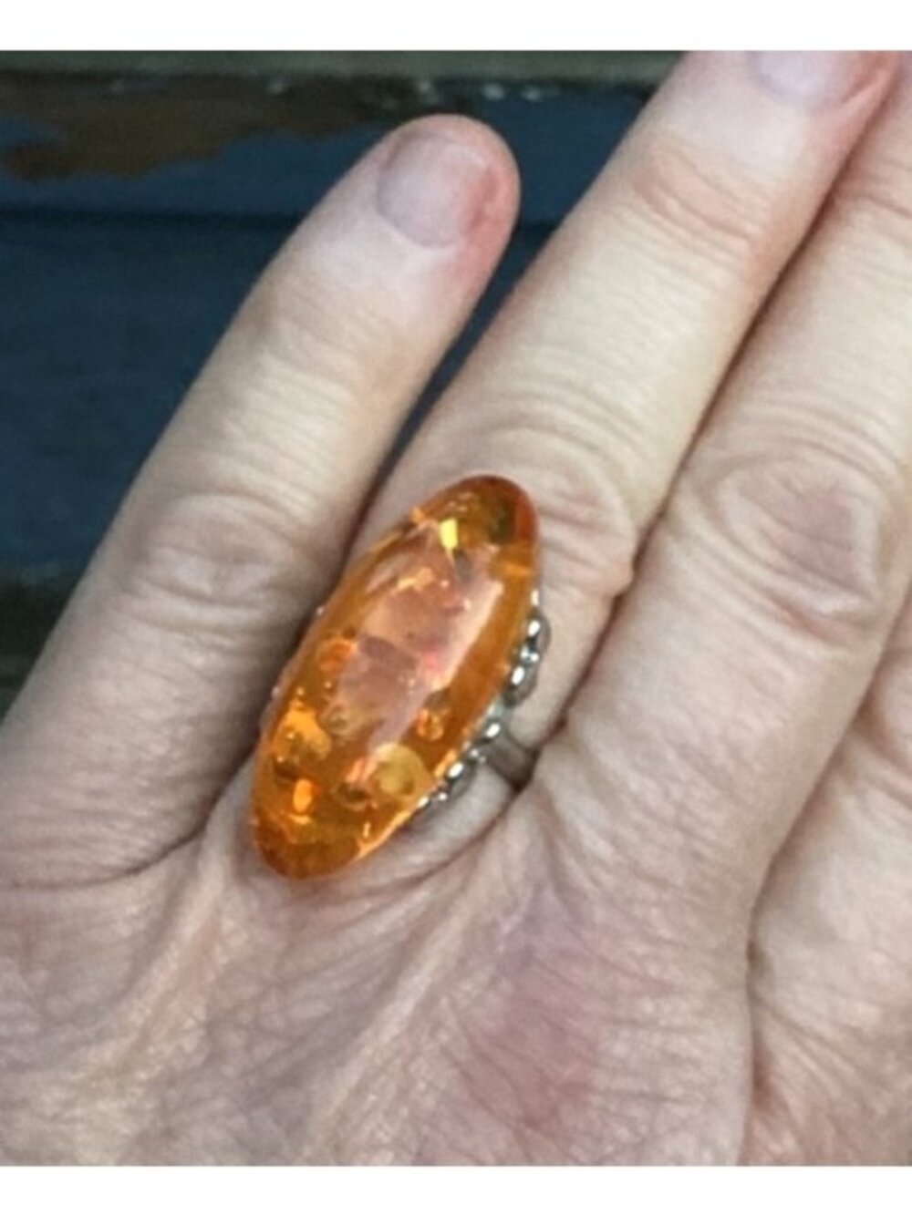 Lucite Faux Amber Stone Ring Silver Tone Metal Sized 7.5